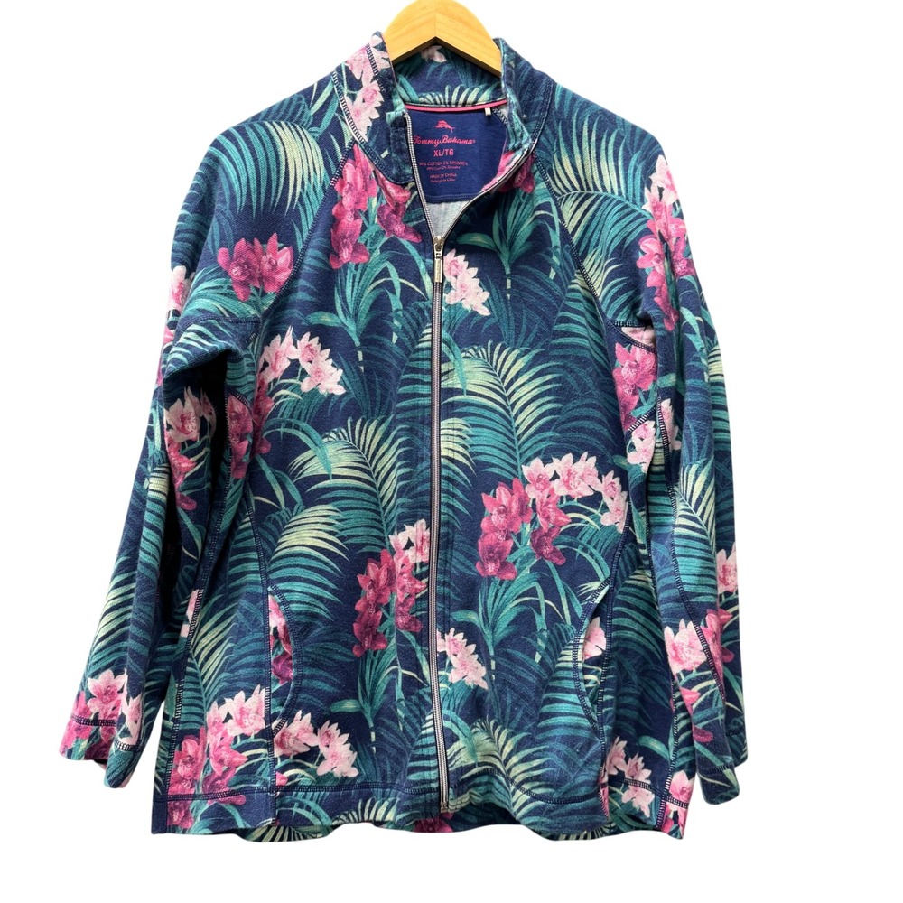 Tommy Bahama Jacket Womens XL Floral Blue Tropical Full Zip Aruba Floral Coastal